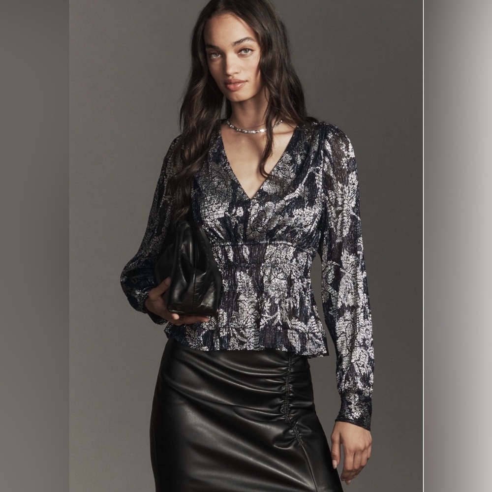 NWT Anthropologie Metallic Smocked Long Sleeve Shirt Midnight Navy, Size S